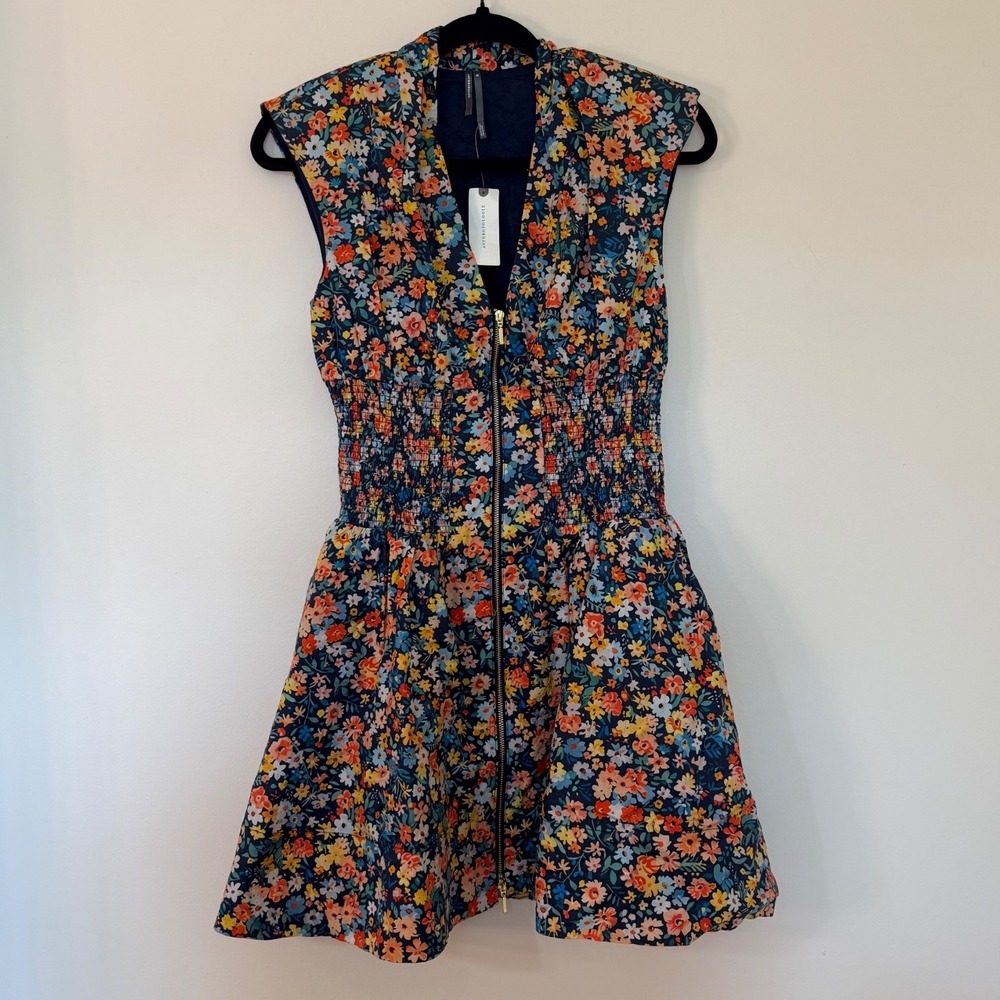 Anthropologie 4130 Floral Smocked Waist Zip Front Mini Dress Navy XS New
